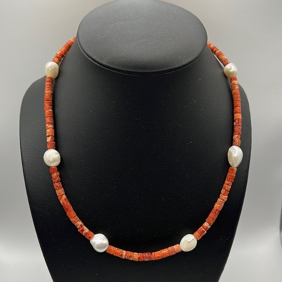 ARTISAN RED SPONGE CORAL, BAROQUE PEARL, & STERLING SILVER 18.5” NECKLACE - Picture 1 of 10